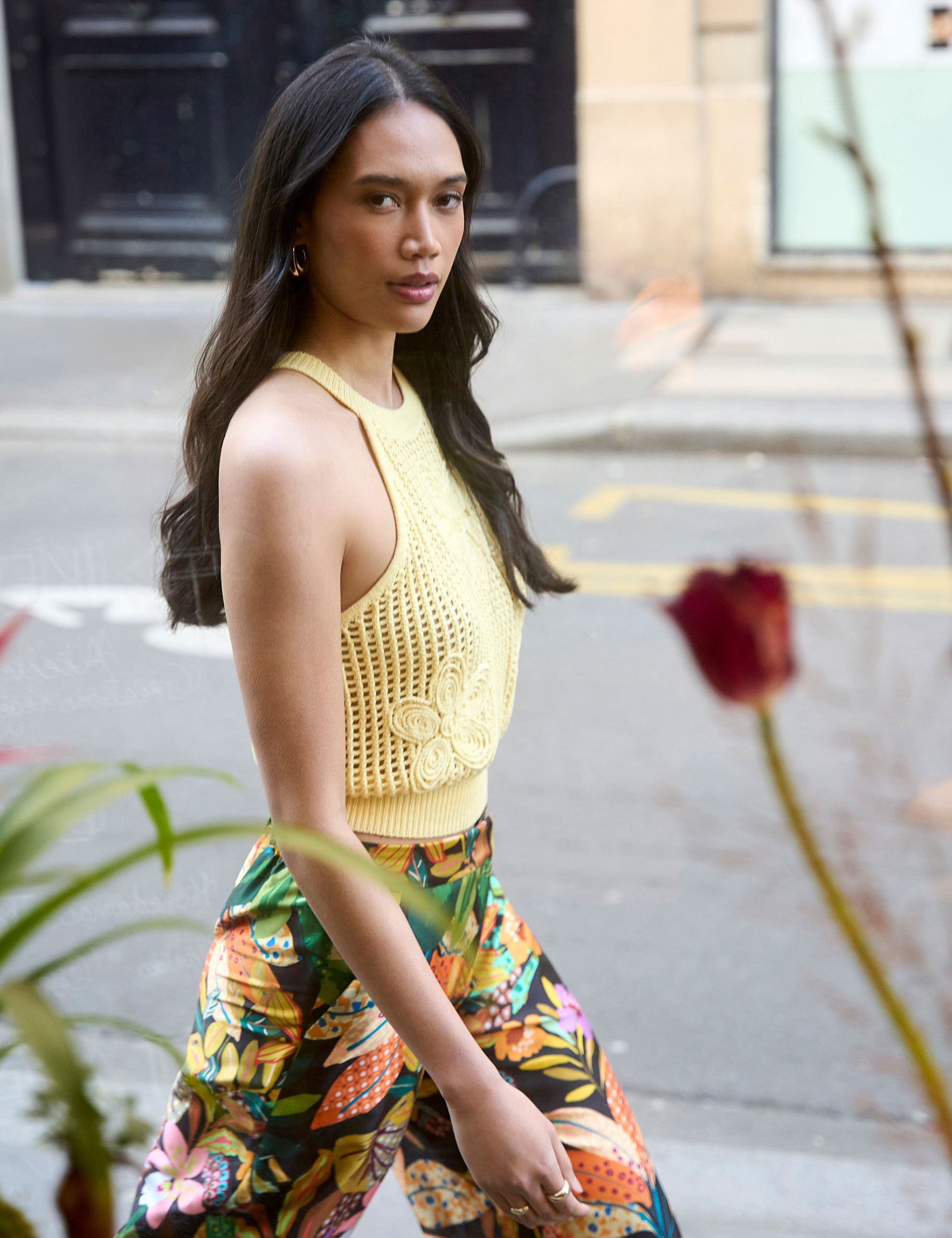 Debardeur ajusté col rond jaune femme