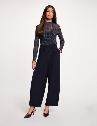 Pantalon large taille haute bleu marine femme