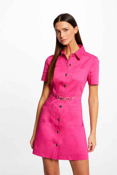 Robe trapèze boutonnée avec boucle rose fonce femme