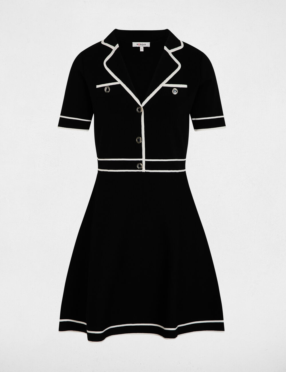 Robe tricot courte col &agrave; revers noir femme