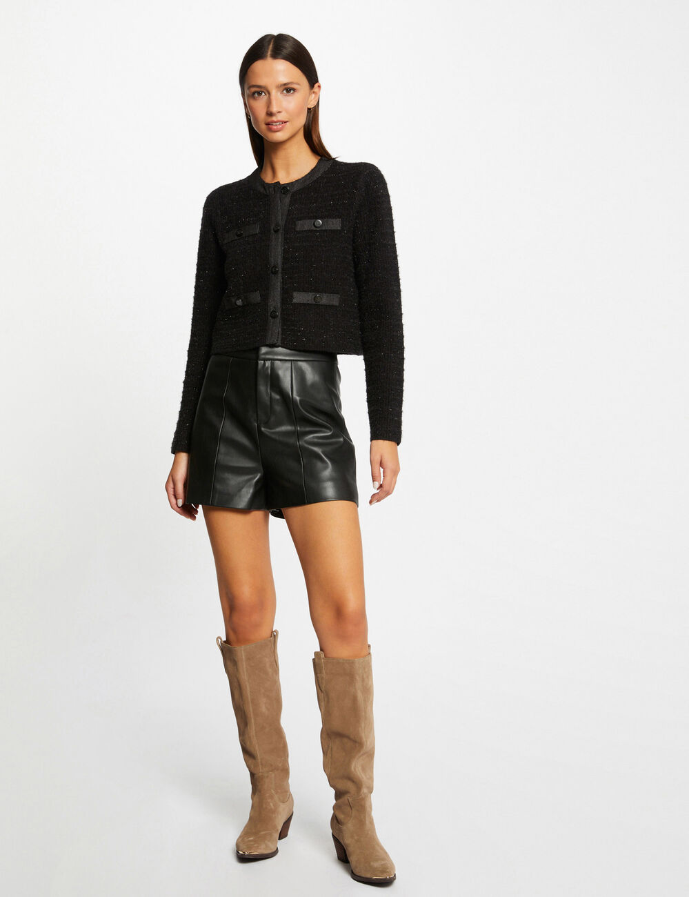 Gilet col rond boutonné noir femme