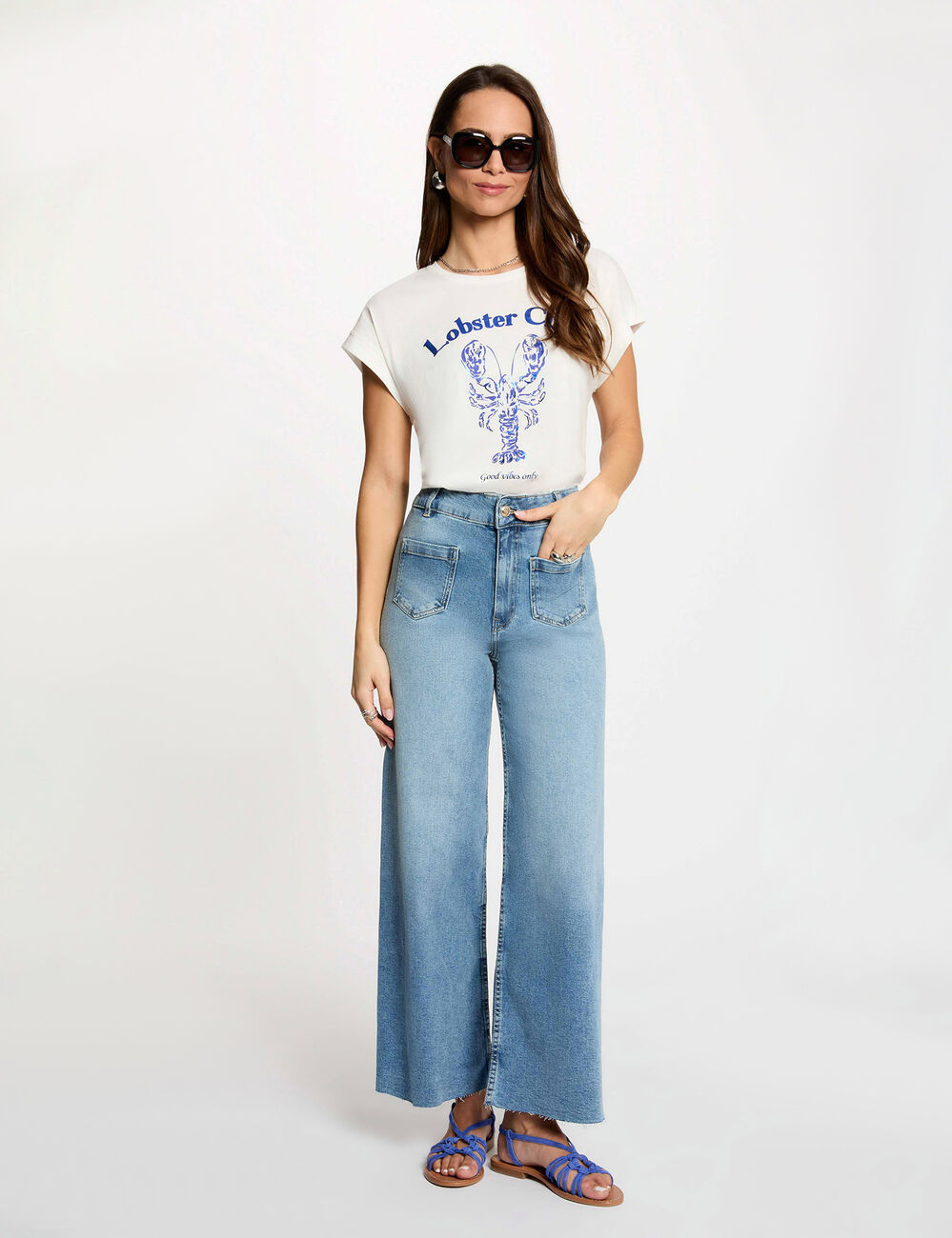 Jean large taille haute denim double stone femme
