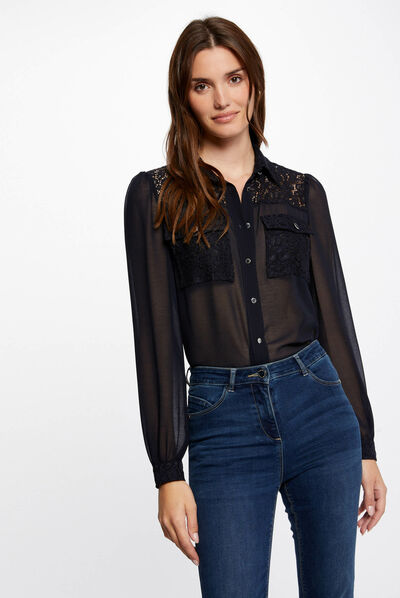 Chemise manches longues à dentelle marine femme