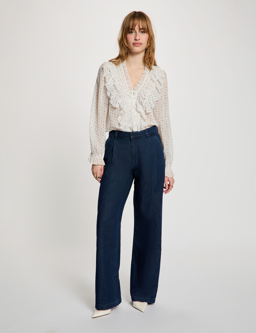 Chemise imprim&eacute;e col v blanc femme
