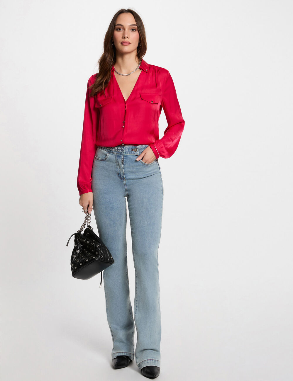 Jeans droit avec détails tressés denim bleach femme