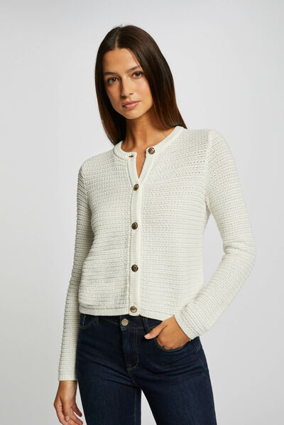 Gilet court boutonné col rond ecru femme