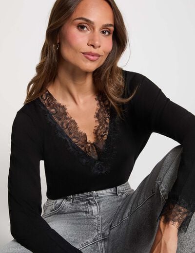 Pull col v dentelle noir femme