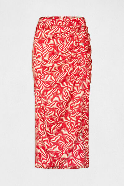 Jupe longue droite imprimé abstrait rouge femme