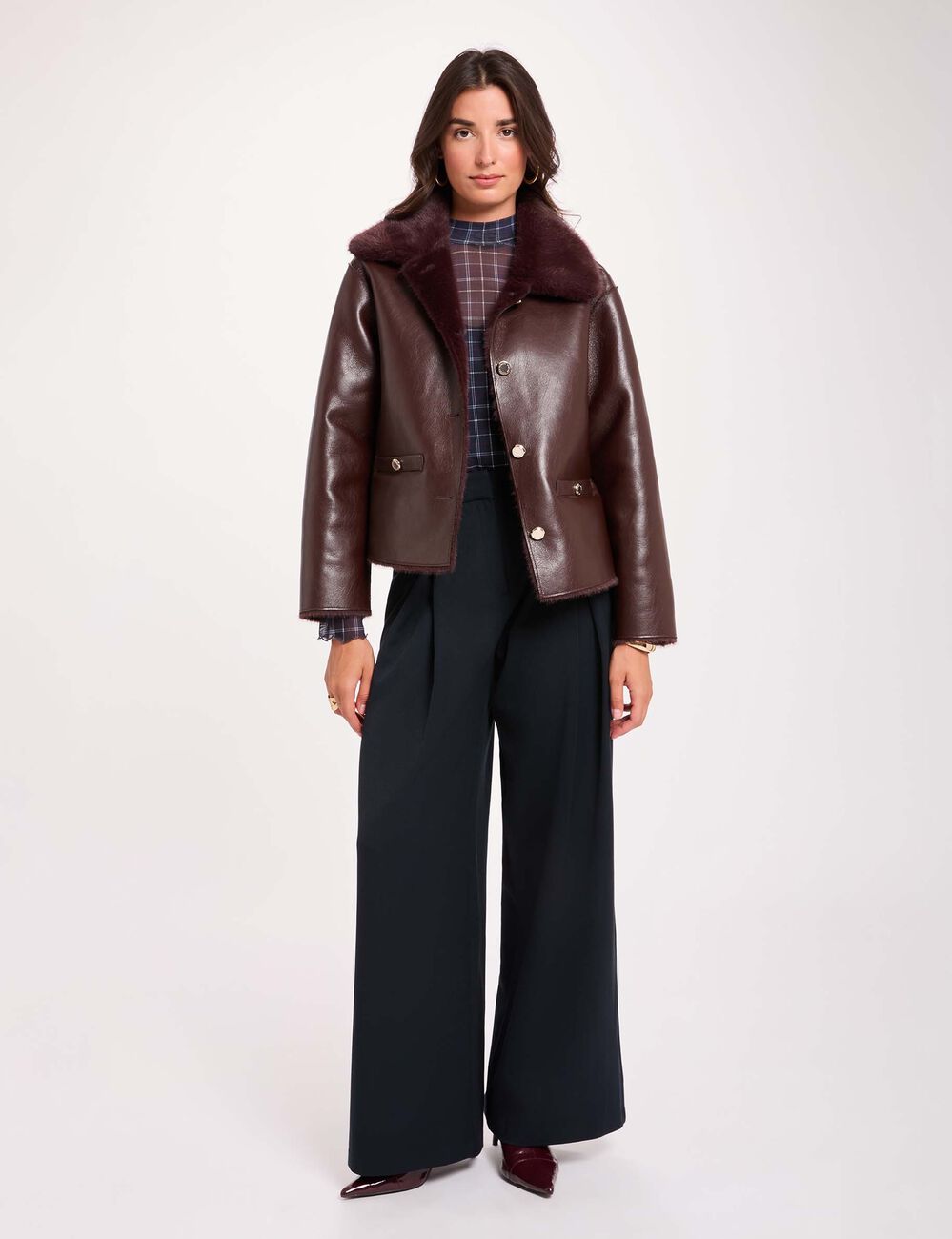 Manteau court col tailleur prune femme