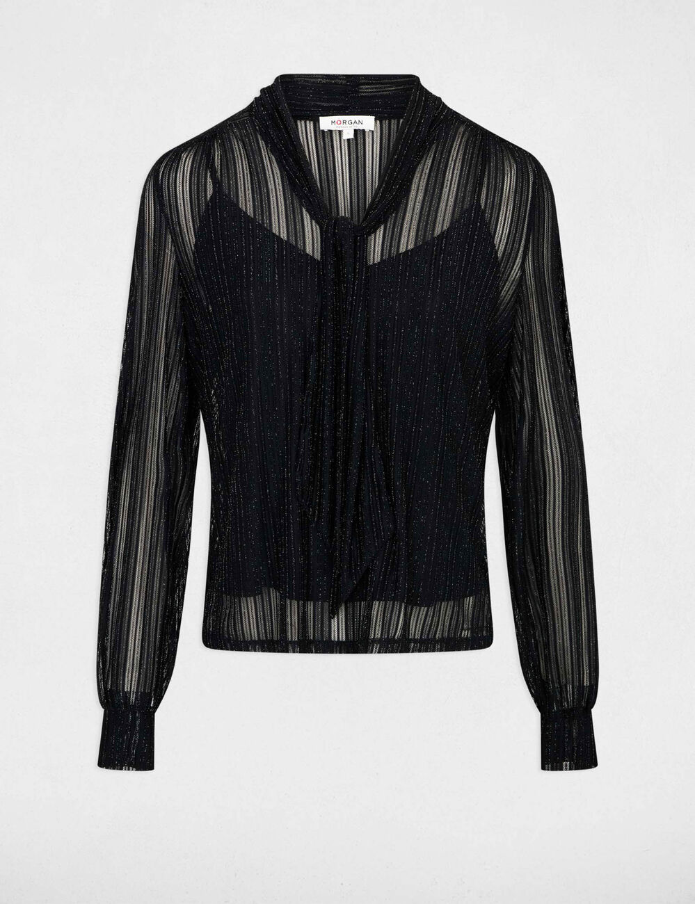 T-shirt court col lavalli&egrave;re noir femme