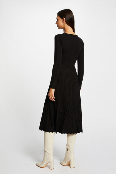Robe pull midi patineuse bas plissé noir femme