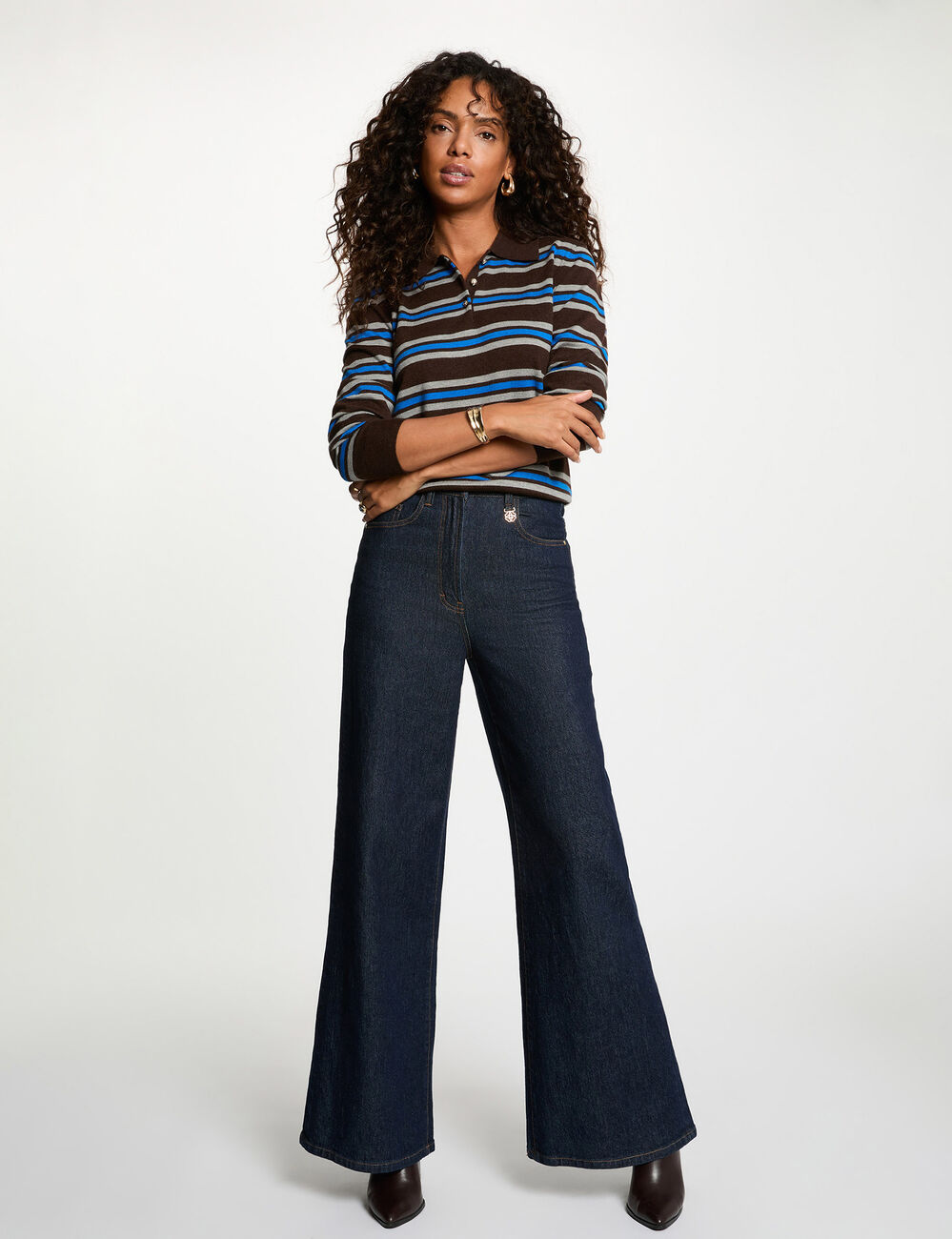 Pull col &agrave; revers marron fonc&eacute; femme