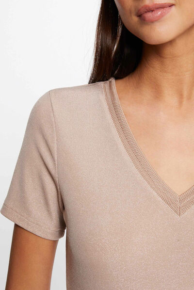 T-shirt manches courtes avec col en V rose femme