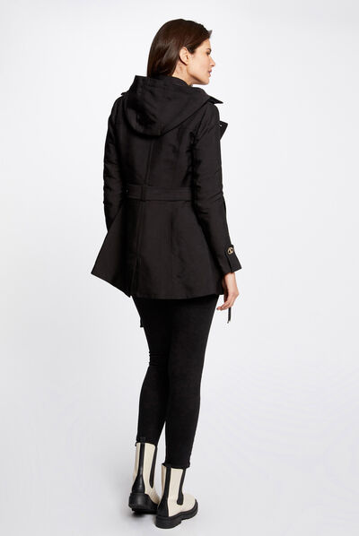 Trench droit ceinturé à capuche noir femme