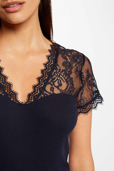 T-shirt manches courtes à dentelle marine femme