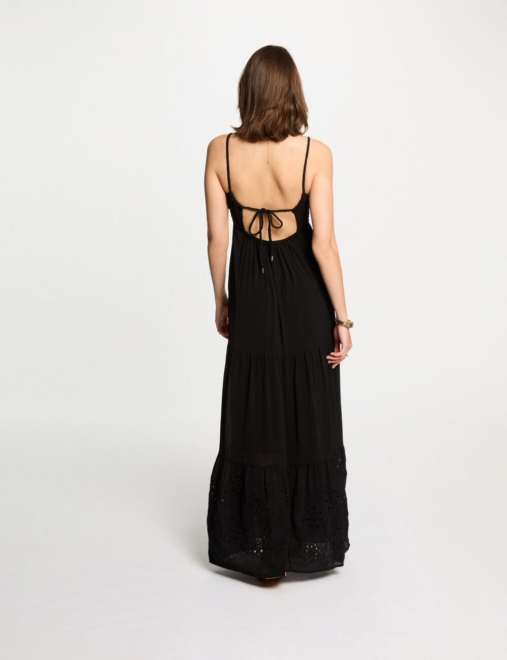 Robe longue fluide broderie noir femme