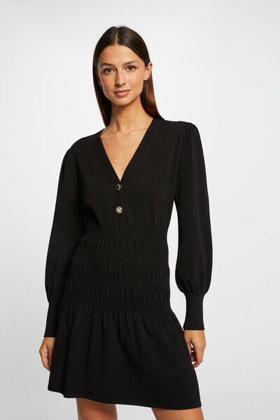 Robe pull patineuse col en V noir femme