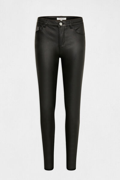 Pantalon skinny enduit à strass noir femme