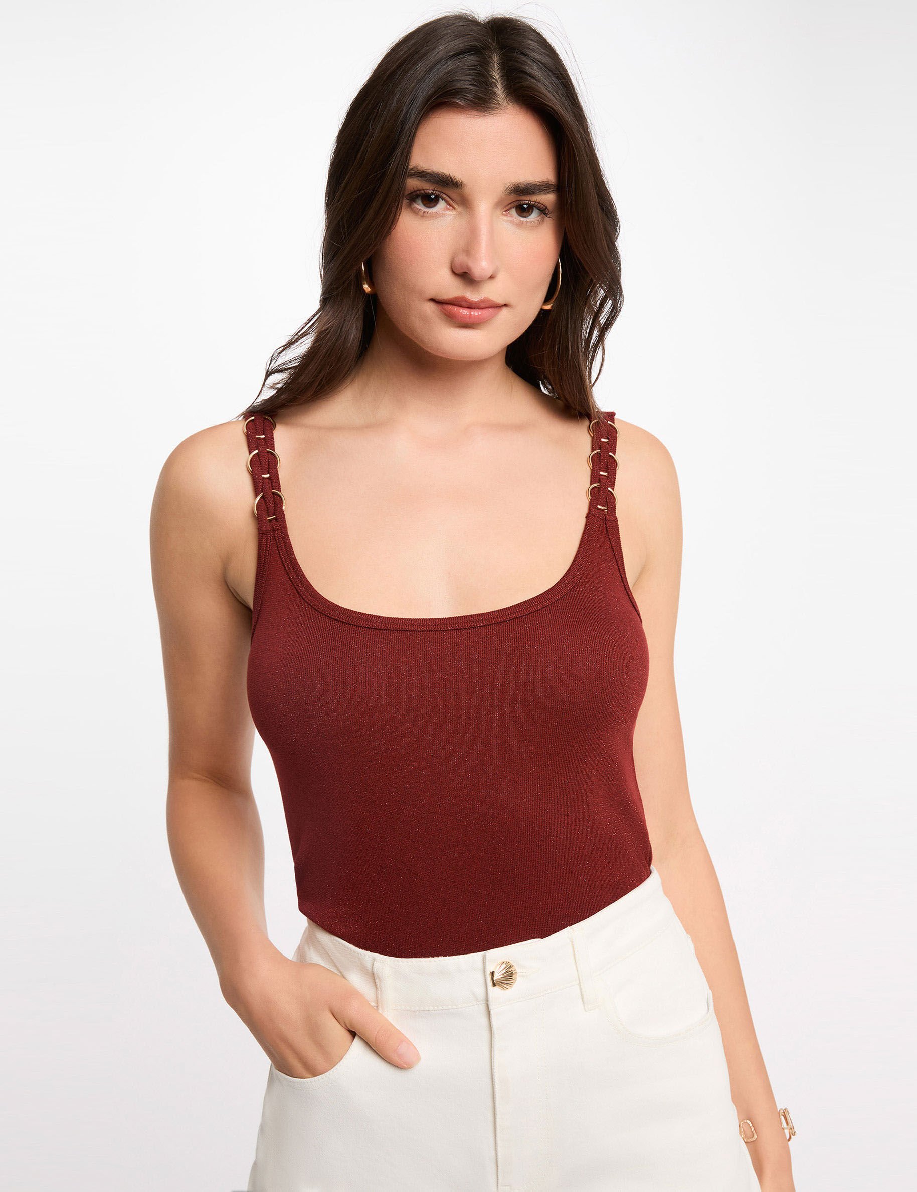 T shirt cintré col rond cognac femme - vue 1