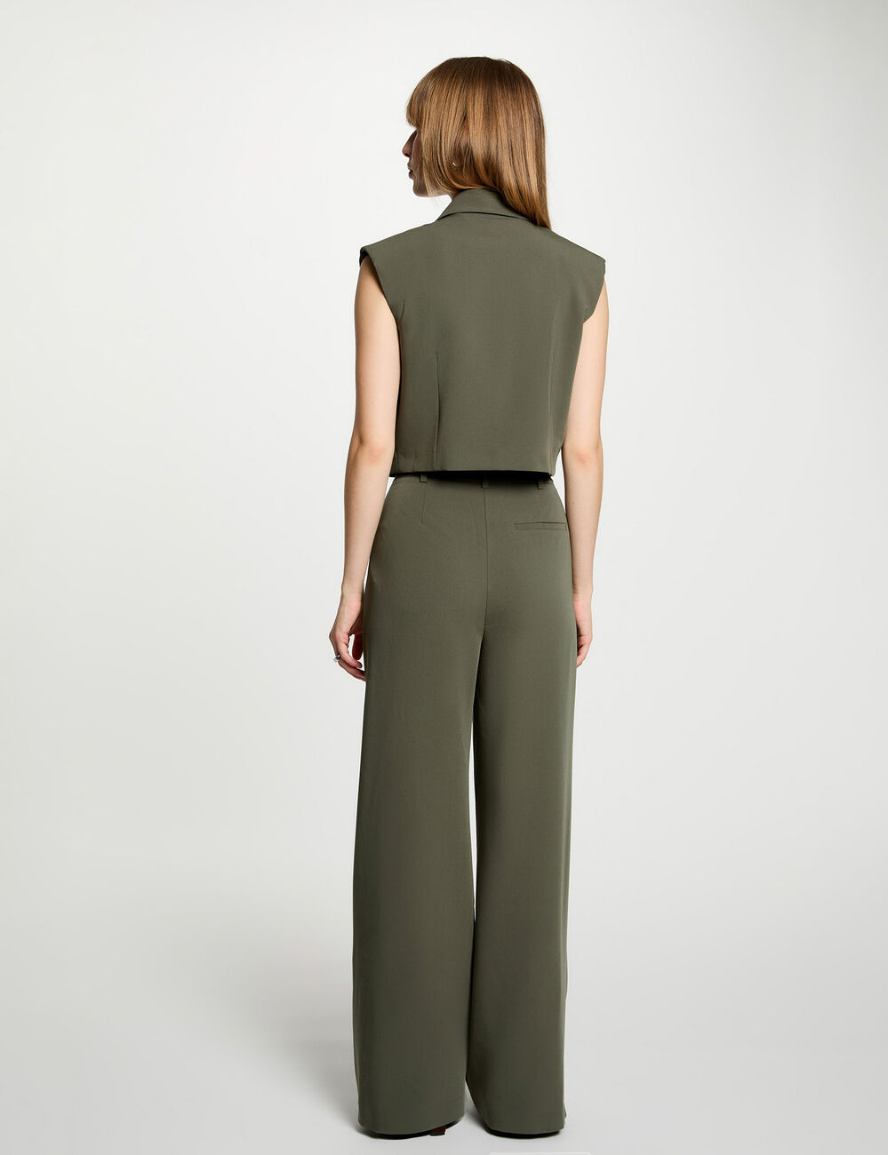 Pantalon large taille haute vert kaki femme