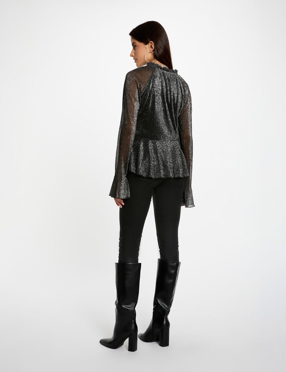 T-shirt col v manches longues noir femme