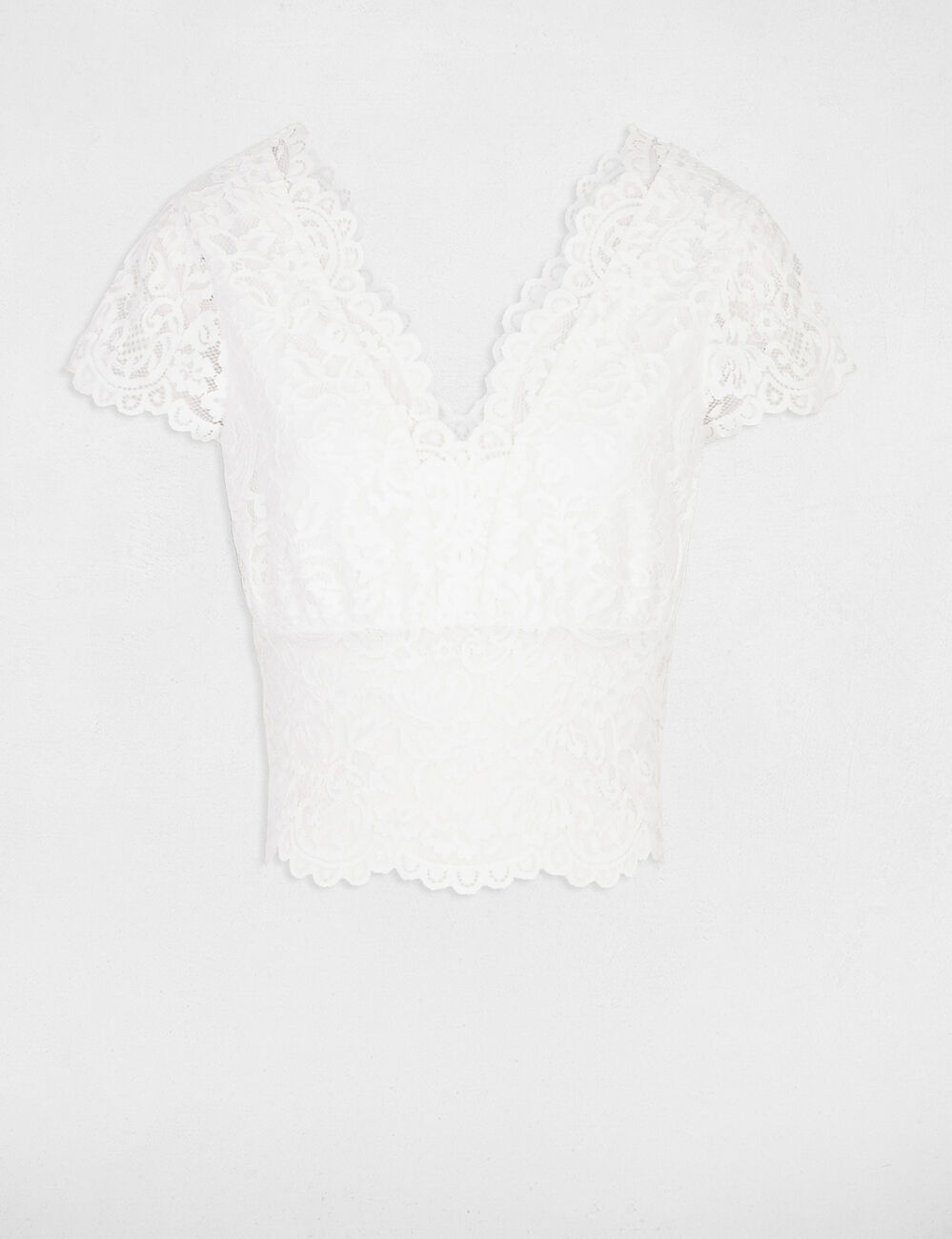 T-shirt à dentelle col en V ivoire femme