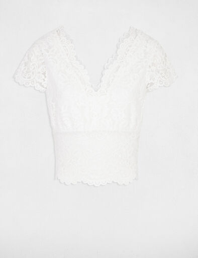 t shirt a dentelle col en v ivoire femme T-shirt à dentelle col en V ivoire femme