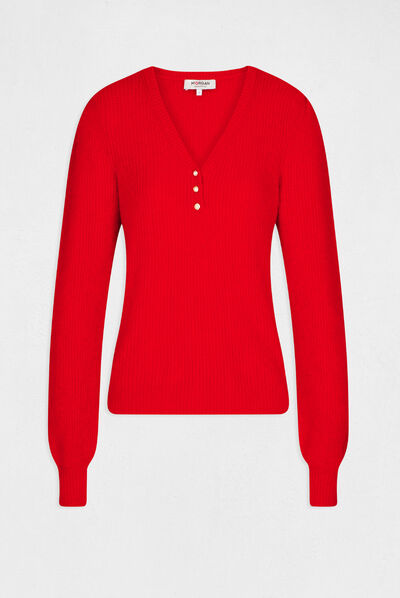 Pull manches longues à col en V rouge femme