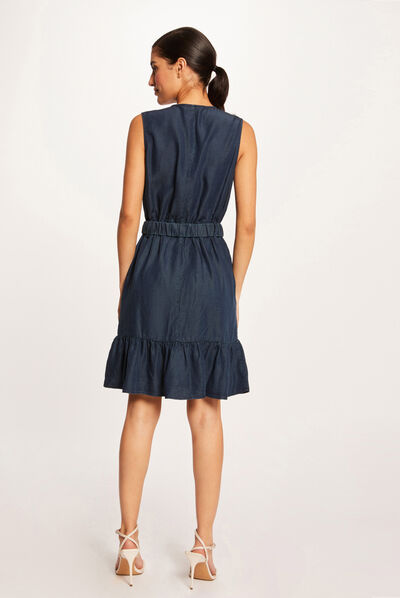 Robe droite sans manches ceinturée jean brut femme