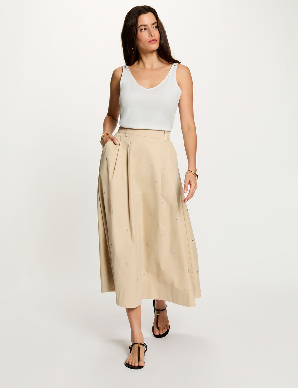 Jupe longue taille haute beige femme