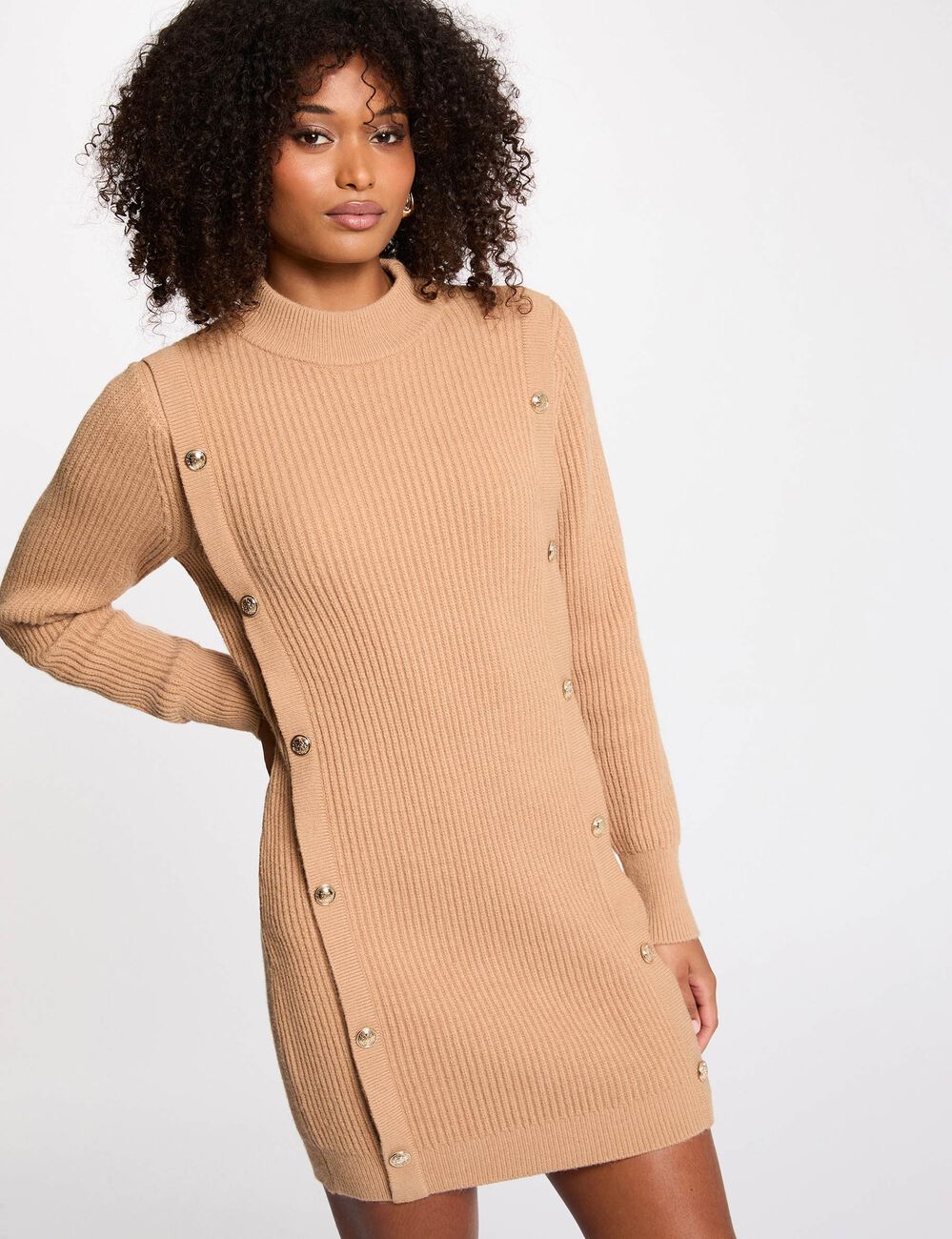 Robe tricot courte col rond beige femme
