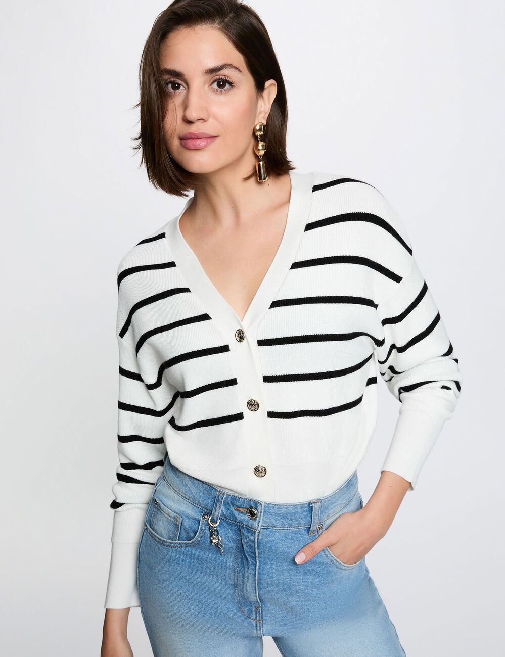 Pull ray&eacute; col v blanc femme