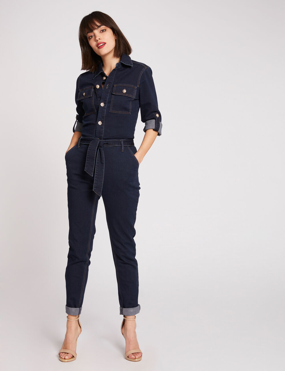 Combinaison droite ceintur&eacute;e en jean jean brut femme