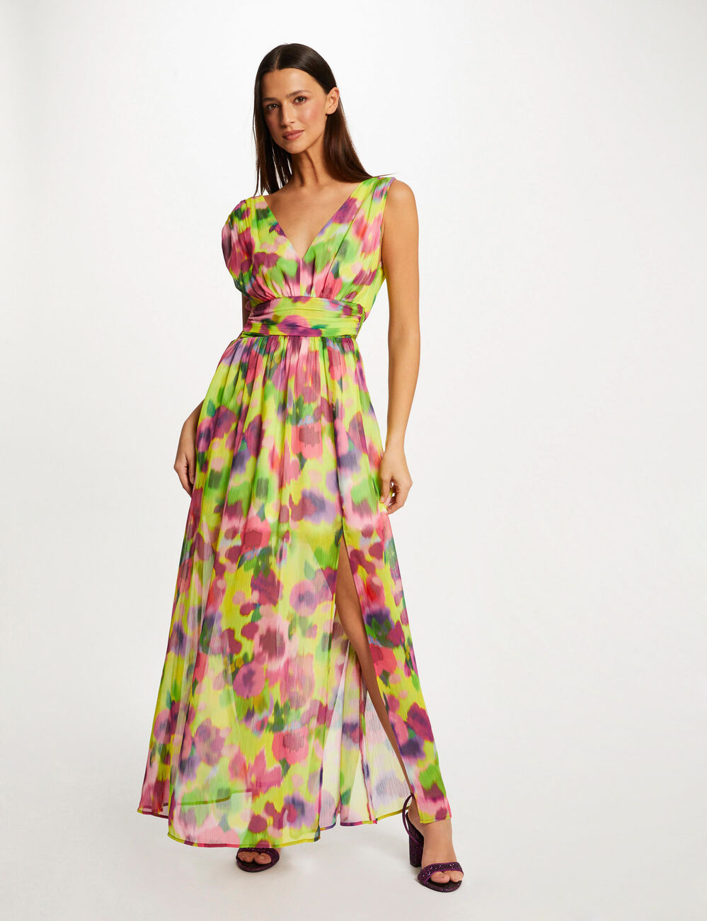 Robe longue cintr&eacute;e imprim&eacute; abstrait multico femme