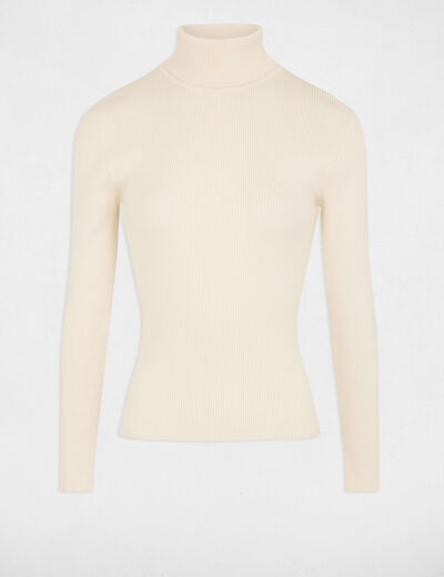 Pull col roulé côtelé ivoire femme