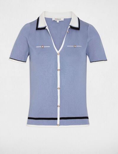 Pull col polo manches courtes bleu femme
