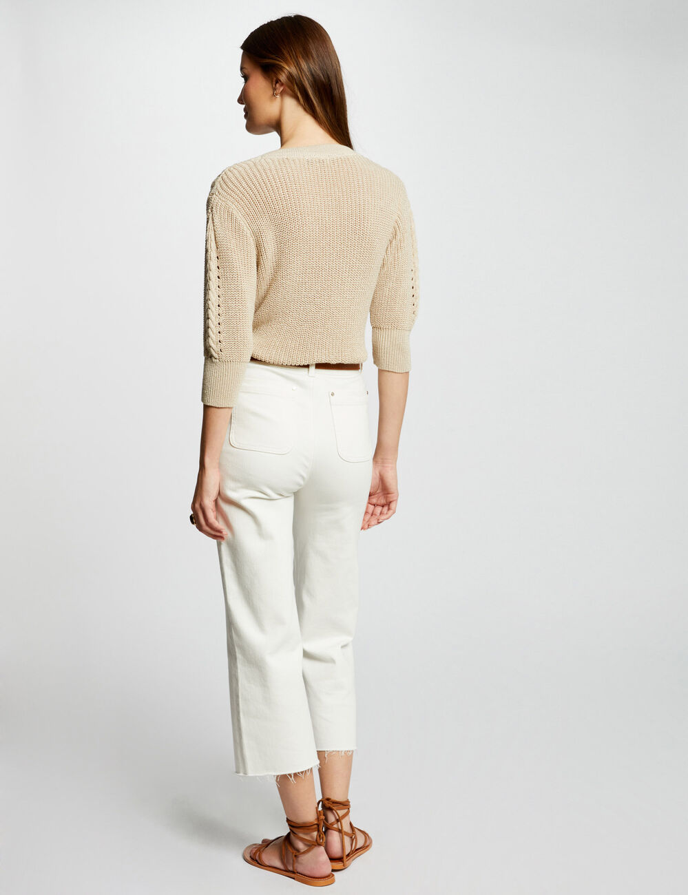 Gilet manches 3/4 avec détails torsades beige clair femme