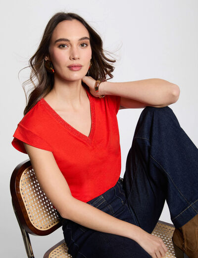 T-shirt manches courtes à col en V orange femme
