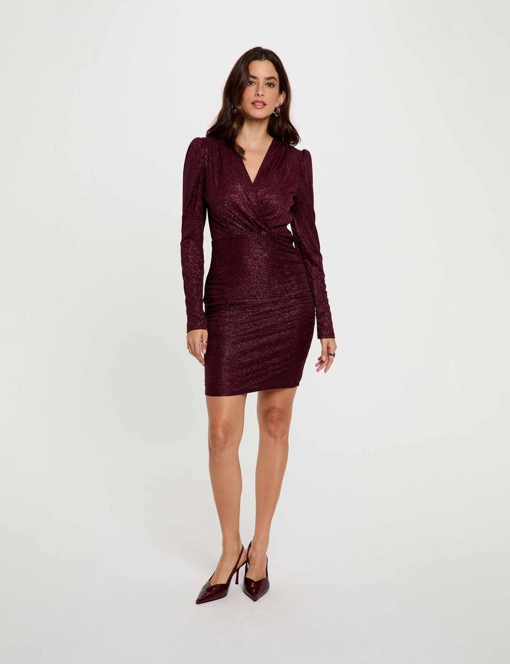 Robe cache-coeur drap&eacute;e bordeaux femme