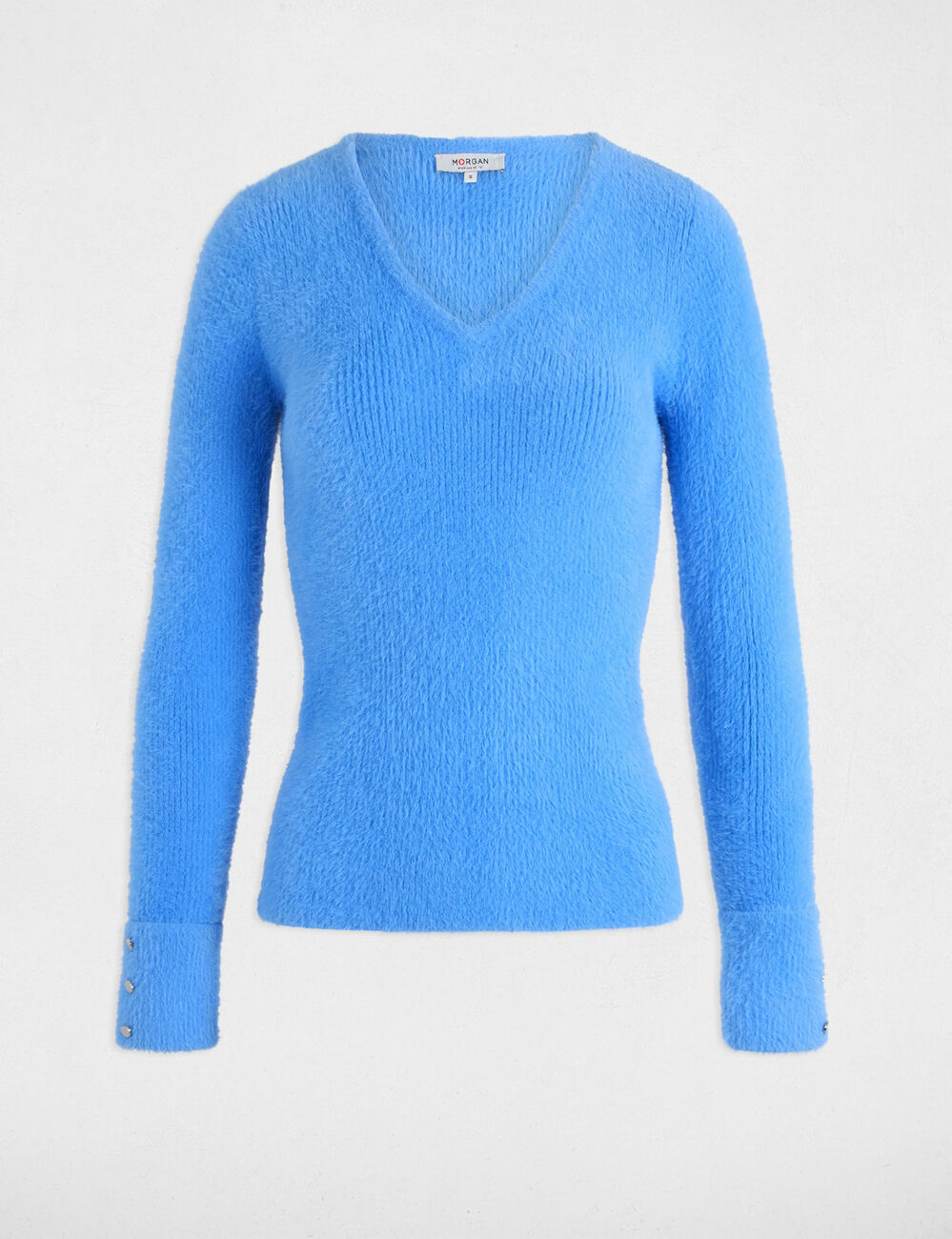 Pull manches longues maille duveteuse bleu femme