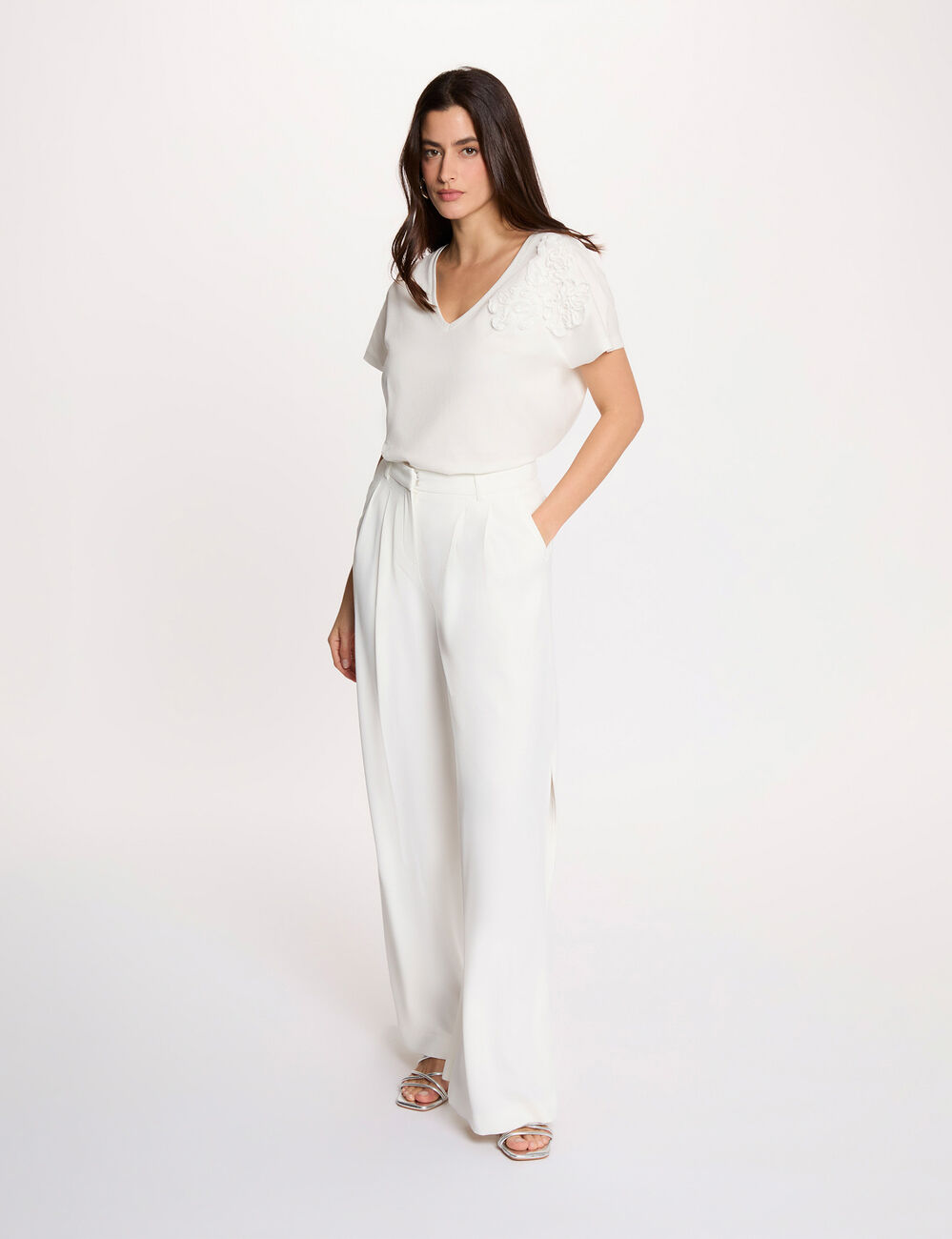 T-shirt col v manches courtes blanc femme