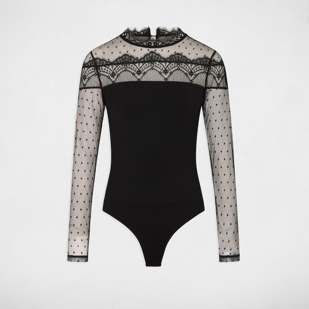 Body dentelle manches longues noir femme