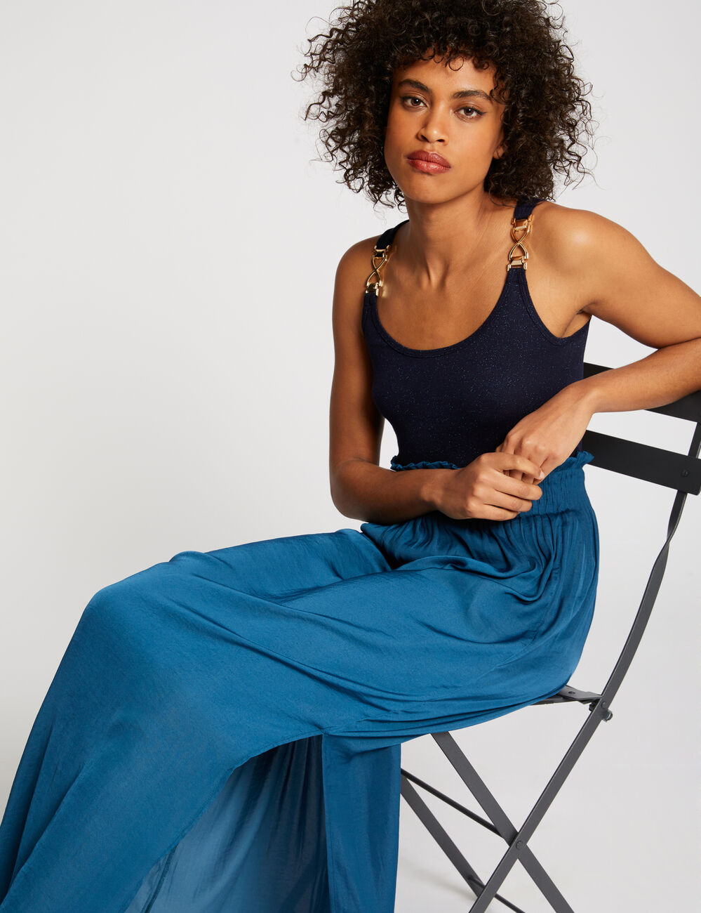 Jupe longue fluide taille &eacute;lastiqu&eacute;e bleu femme