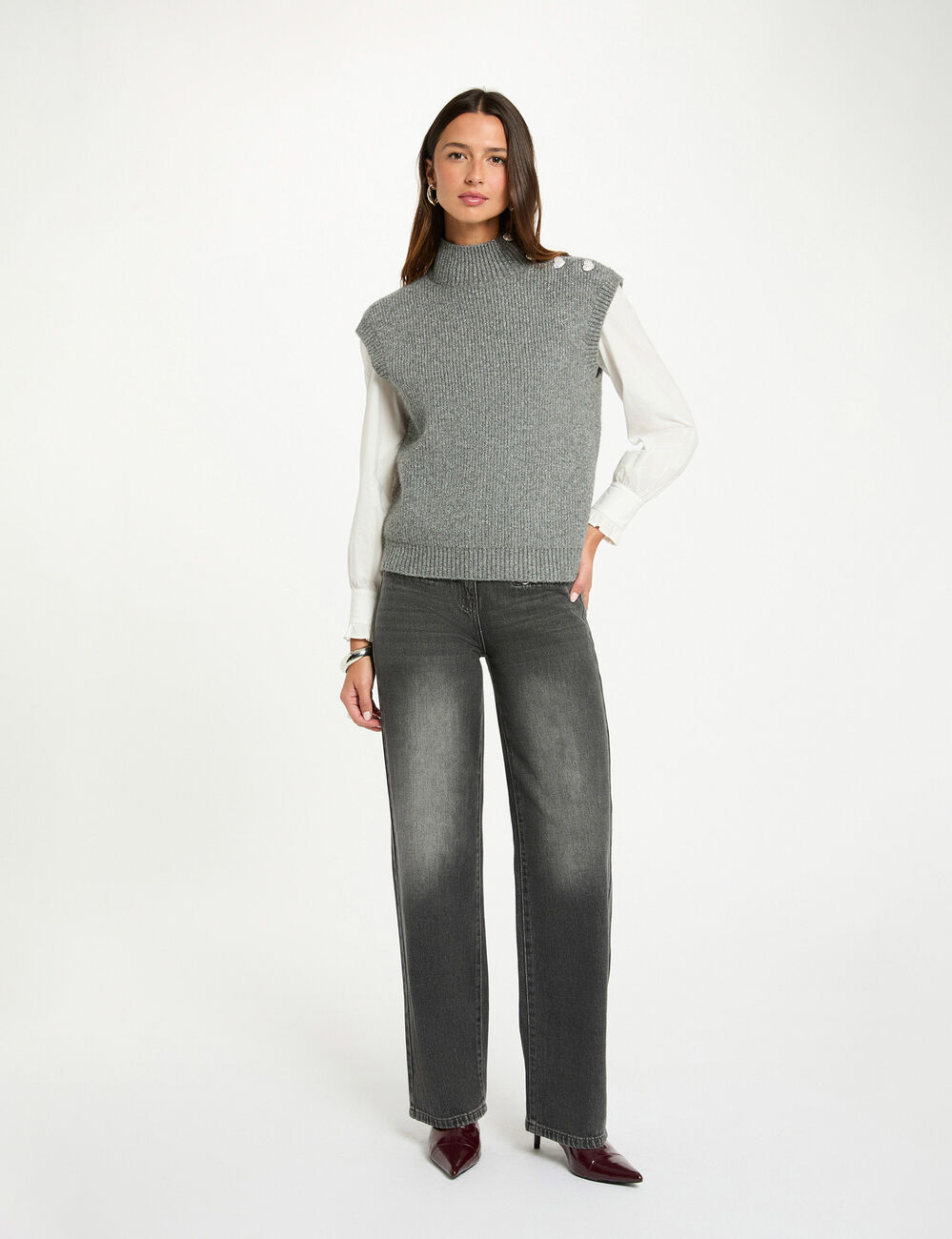Pull sans manches gris fonc&eacute; femme