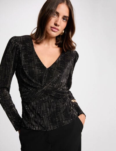 T-shirt pliss&eacute; col v noir femme