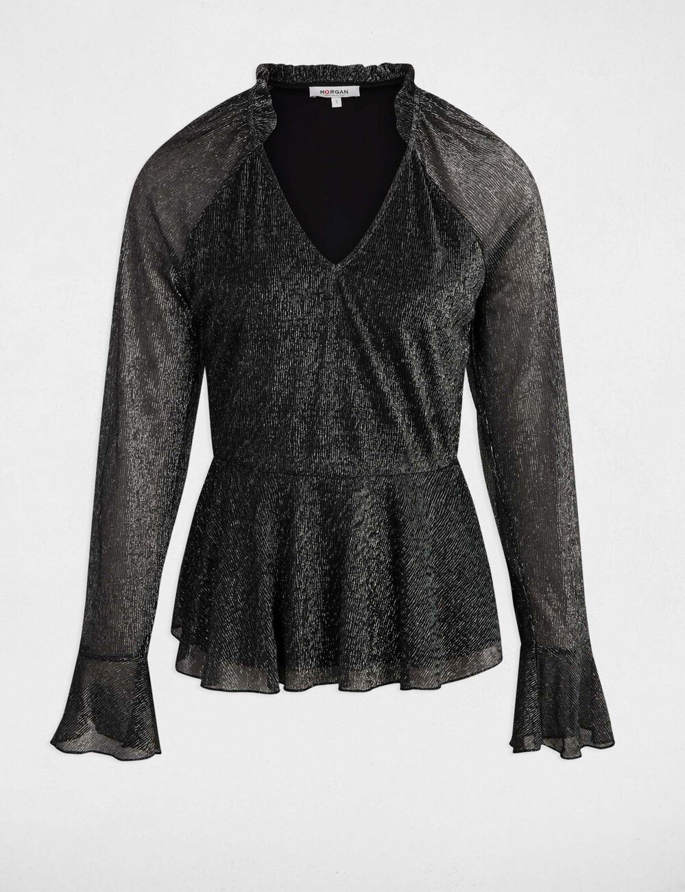 T-shirt col v manches longues noir femme