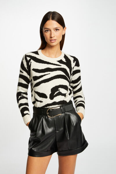Pull manches longues imprimé zèbre beige femme