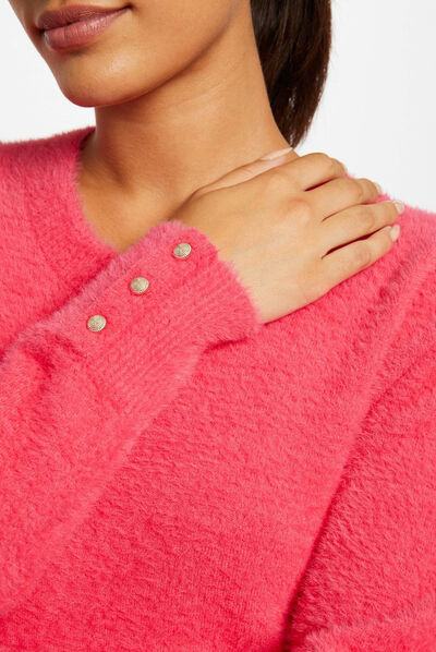 Pull manches longues à col rond fuchsia femme