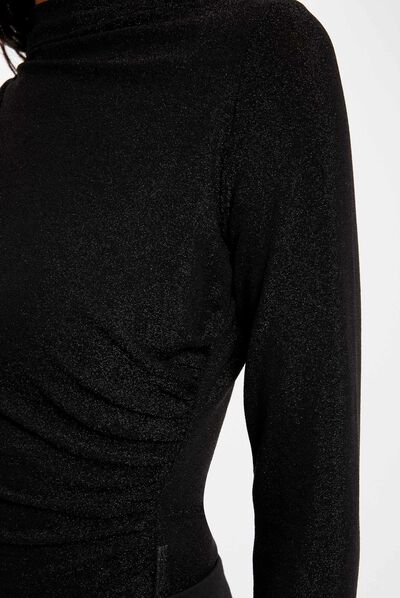 T-shirt manches longues fils métallisés noir femme