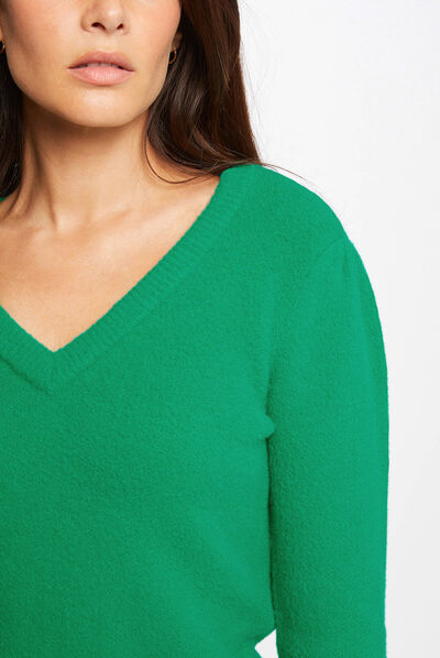 Pull manches longues avec col en V vert moyen femme